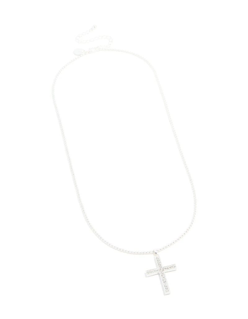 Silver Plated Diamante Box Cross Necklace