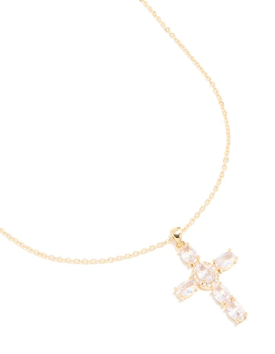 Gold Plated Cubic Zirconia Large Oval Cross Necklace