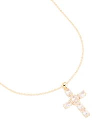 Gold Plated Cubic Zirconia Large Oval Cross Necklace
