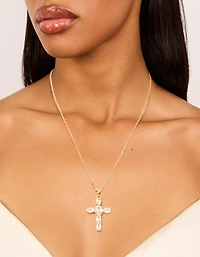 Gold Plated Cubic Zirconia Large Oval Cross Necklace