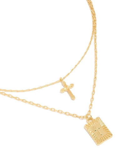 Collier à couches en croix plaqué or et pendentif à languettes rectangulaires