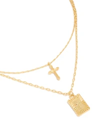 Collier à couches en croix plaqué or et pendentif à languettes rectangulaires