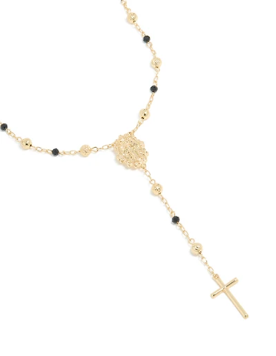 Collier laçat noir perlé et croix plaqué or