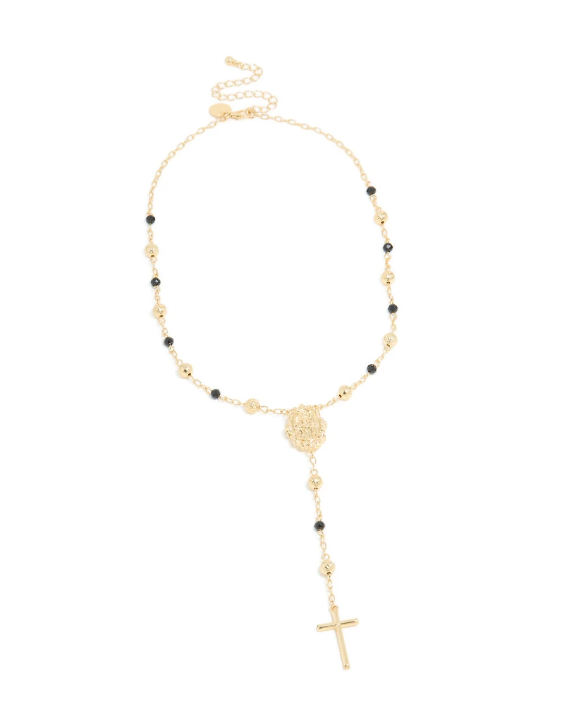Collier laçat noir perlé et croix plaqué or
