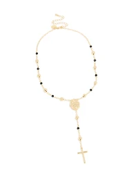 Collier laçat noir perlé et croix plaqué or
