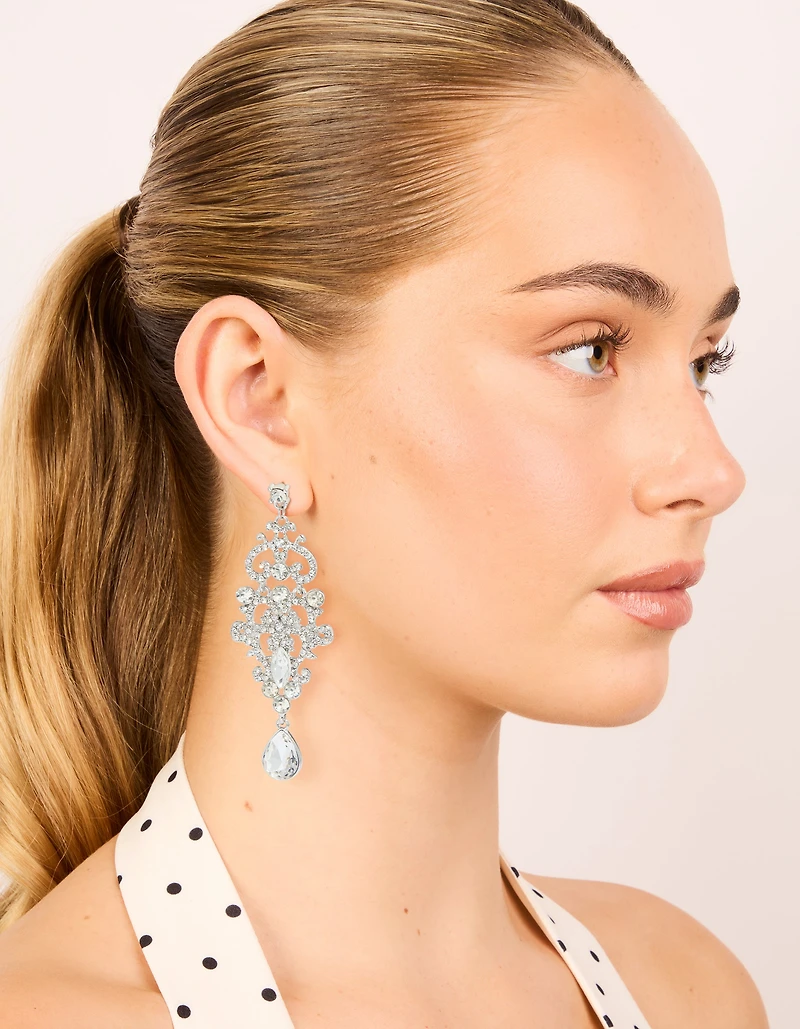 Silver Diamante Fancy Swirl Drop Earrings