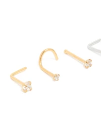 Mixed Metal Surgical Steel Cubic Zirconia Nose Studs & Rings 6-Pack
