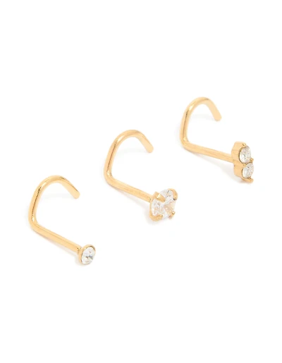 Gold Plated Surgical Steel Cubic Zirconia Cork Screw Nose Studs 3-Pack
