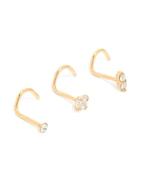 Gold Plated Surgical Steel Cubic Zirconia Cork Screw Nose Studs 3-Pack