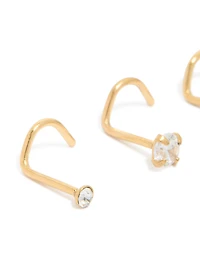 Gold Plated Surgical Steel Cubic Zirconia Cork Screw Nose Studs 3-Pack