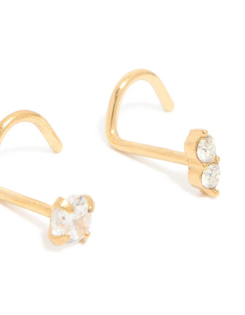 Gold Plated Surgical Steel Cubic Zirconia Cork Screw Nose Studs 3-Pack