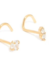 Gold Plated Surgical Steel Cubic Zirconia Cork Screw Nose Studs 3-Pack