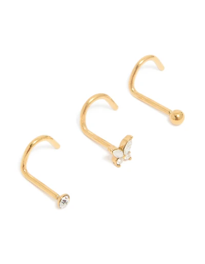 Gold Plated Surgical Steel Butterfly & Classic Nose Studs 3-Pack