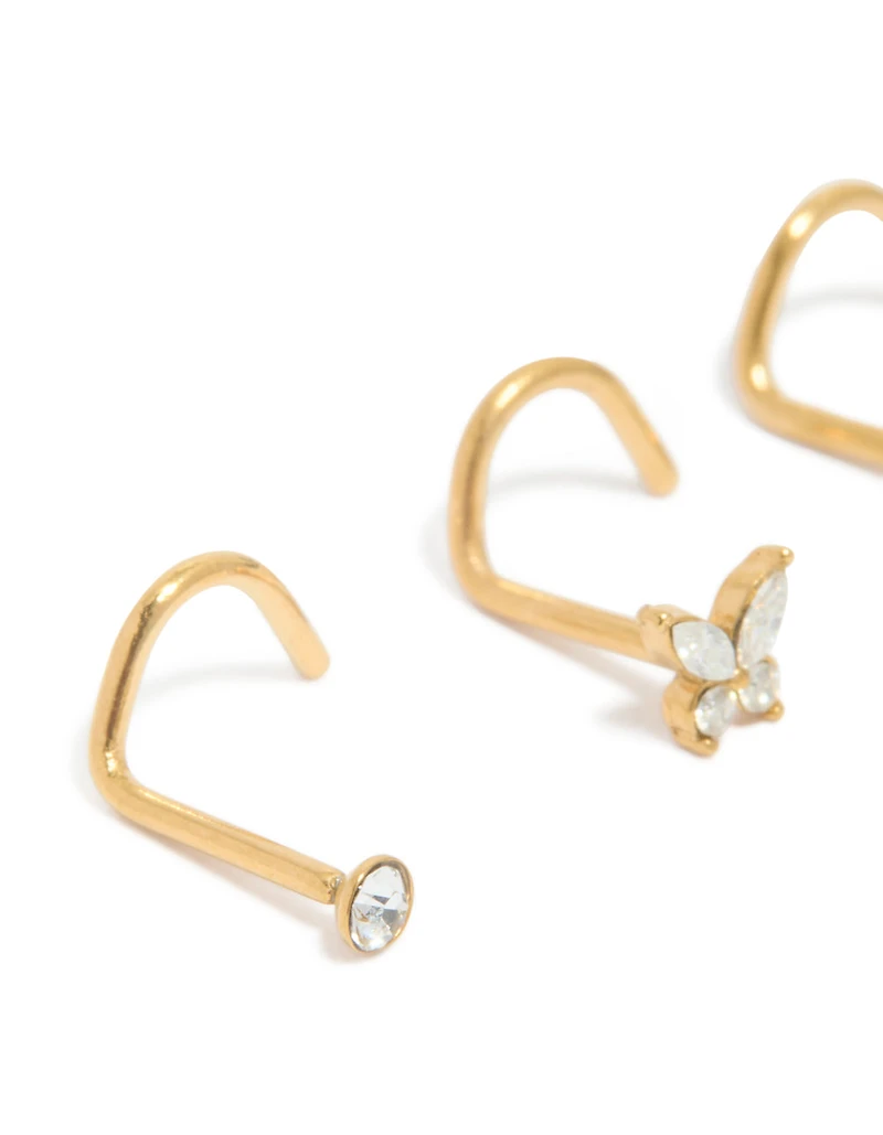 Gold Plated Surgical Steel Butterfly & Classic Nose Studs 3-Pack