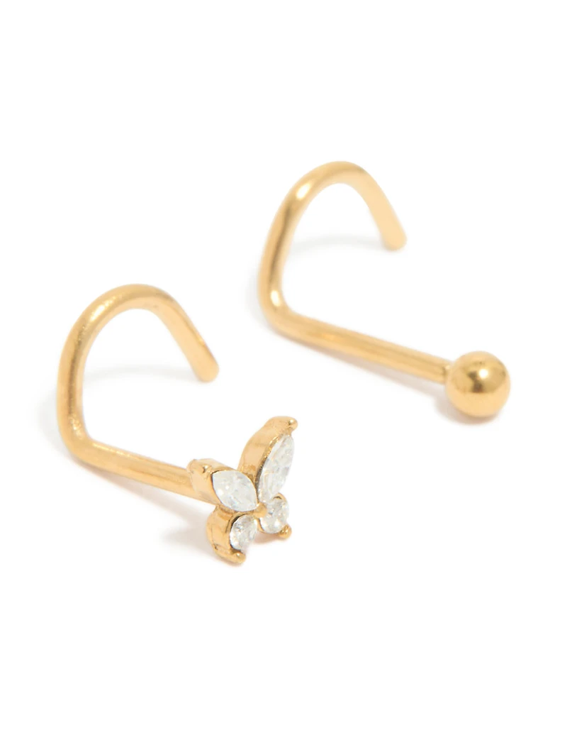 Gold Plated Surgical Steel Butterfly & Classic Nose Studs 3-Pack