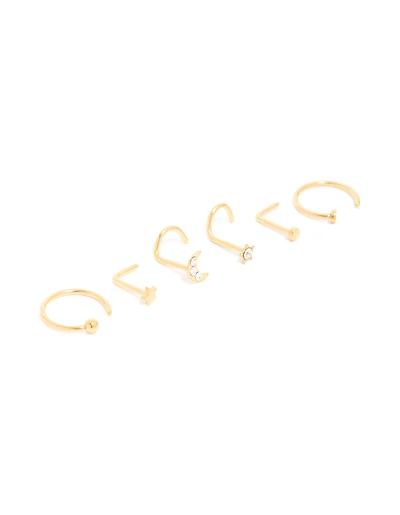 Gold Plated Surgical Steel Celestial Nose Studs & Rings 6-Pack