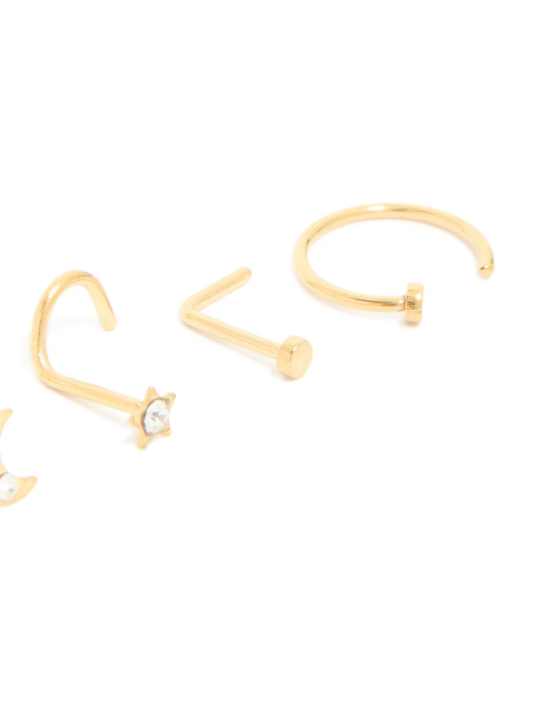 Gold Plated Surgical Steel Celestial Nose Studs & Rings 6-Pack