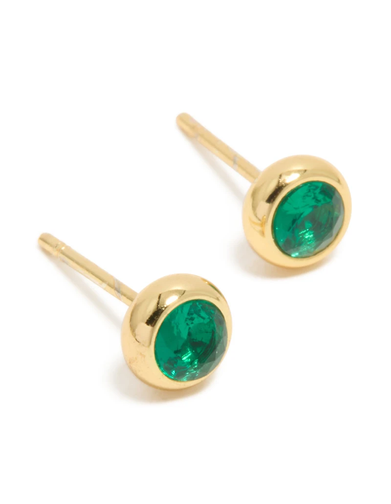 Waterproof Gold Plated Stainless Steel Emerald Cubic Zirconia May Birthstone Bezel Stud Earrings
