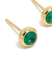 Waterproof Gold Plated Stainless Steel Emerald Cubic Zirconia May Birthstone Bezel Stud Earrings