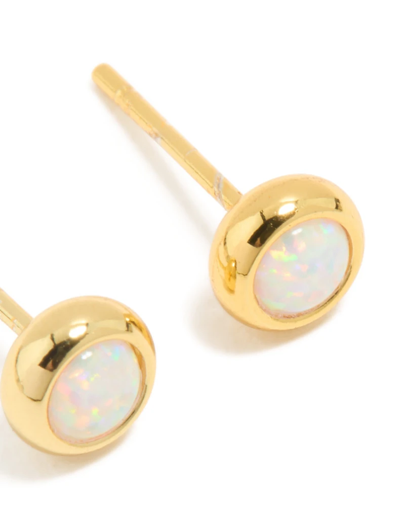 Waterproof Gold Plated Stainless Steel Opal October Birthstone Bezel Set Stud Earrings
