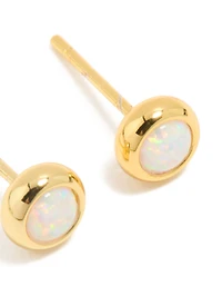 Waterproof Gold Plated Stainless Steel Opal October Birthstone Bezel Set Stud Earrings