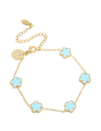 Waterproof Gold Plated Stainless Steel Light Blue Petal Flower Charm Bracelet