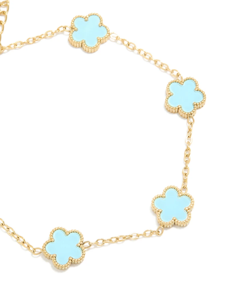 Bracelet breloque imperméable en acier inoxydable plaqué or en forme de fleur de pétales bleu clair