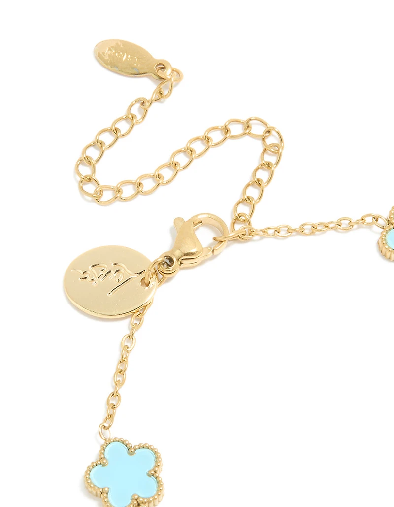 Waterproof Gold Plated Stainless Steel Light Blue Petal Flower Charm Bracelet