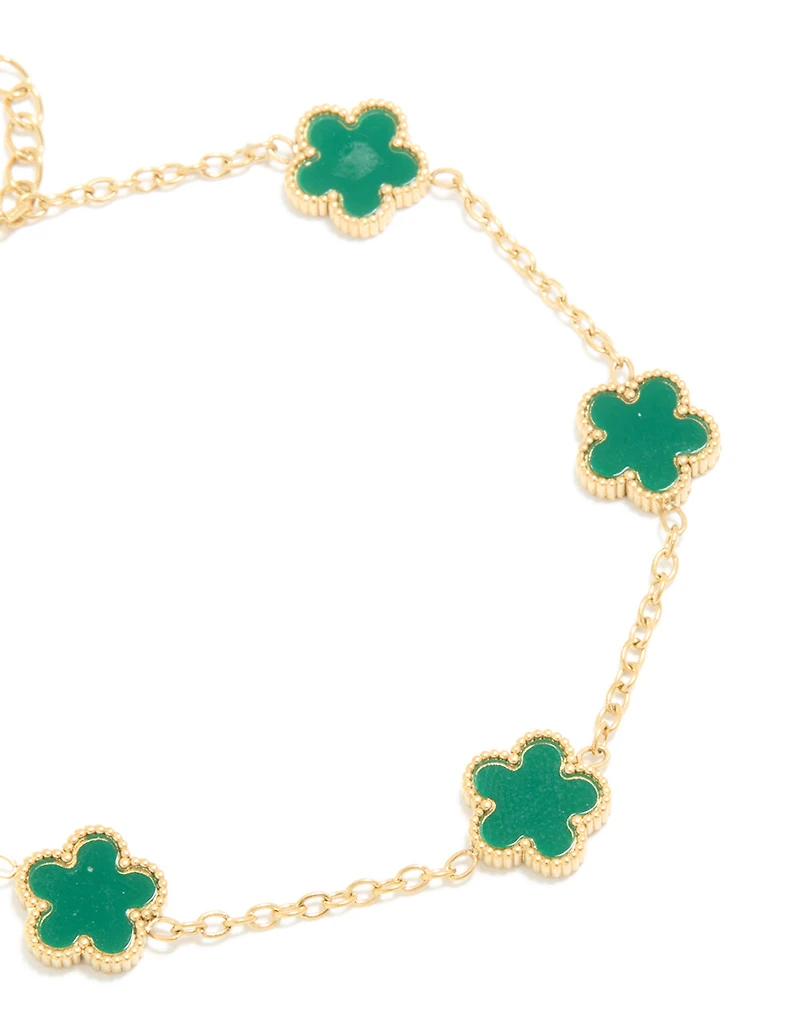 Waterproof Gold Plated Stainless Steel Dark Green Petal Flower Charm Bracelet