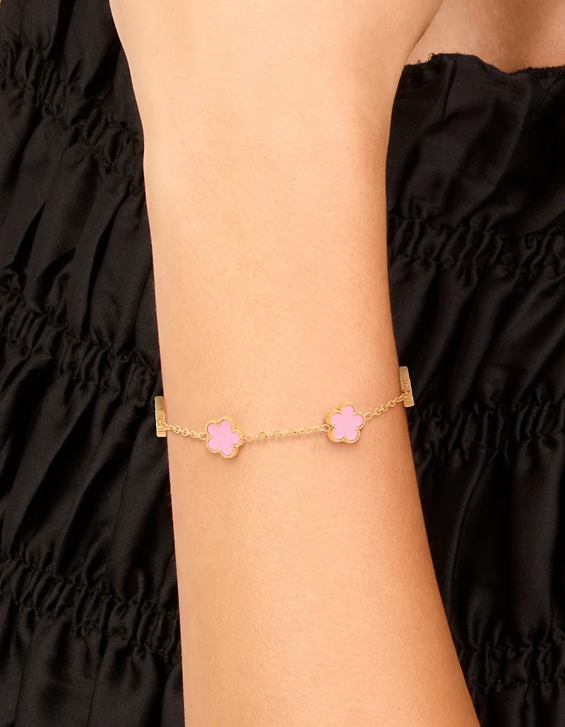 Waterproof Gold Plated Stainless Steel Light Pink Petal Flower Charm Bracelet