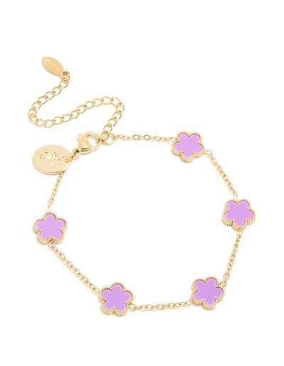 Waterproof Gold Plated Stainless Steel Light Purple Petal Flower Charm Bracelet