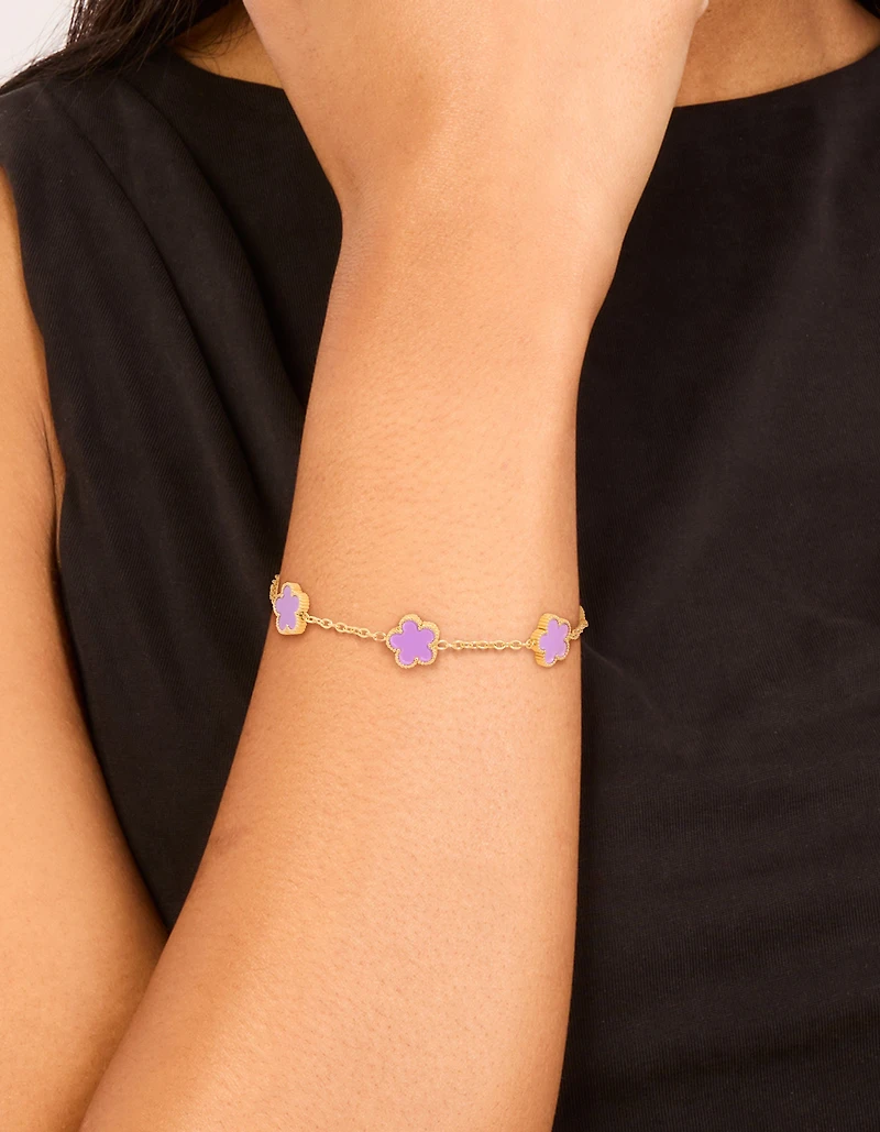 Bracelet à charme fleur de pétale violet clair en acier inoxydable imperméable plaqué or