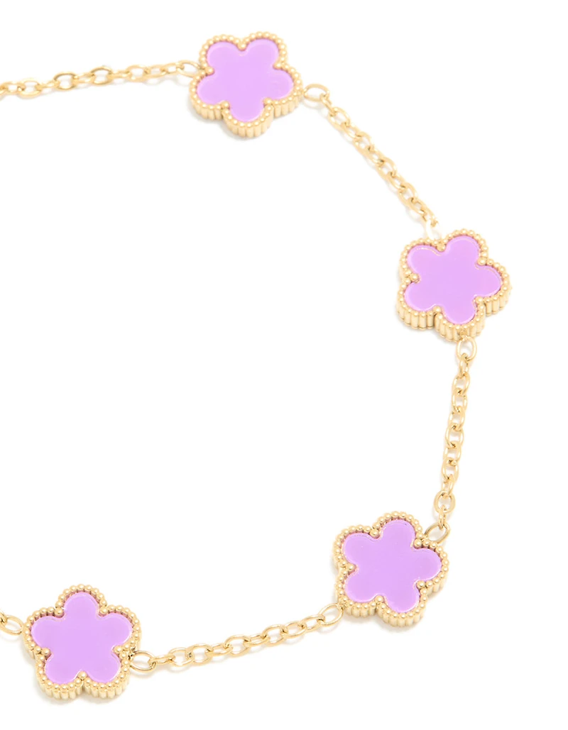 Bracelet à charme fleur de pétale violet clair en acier inoxydable imperméable plaqué or