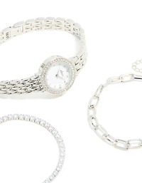 Silver Watch & Diamante Chain Bracelets Set