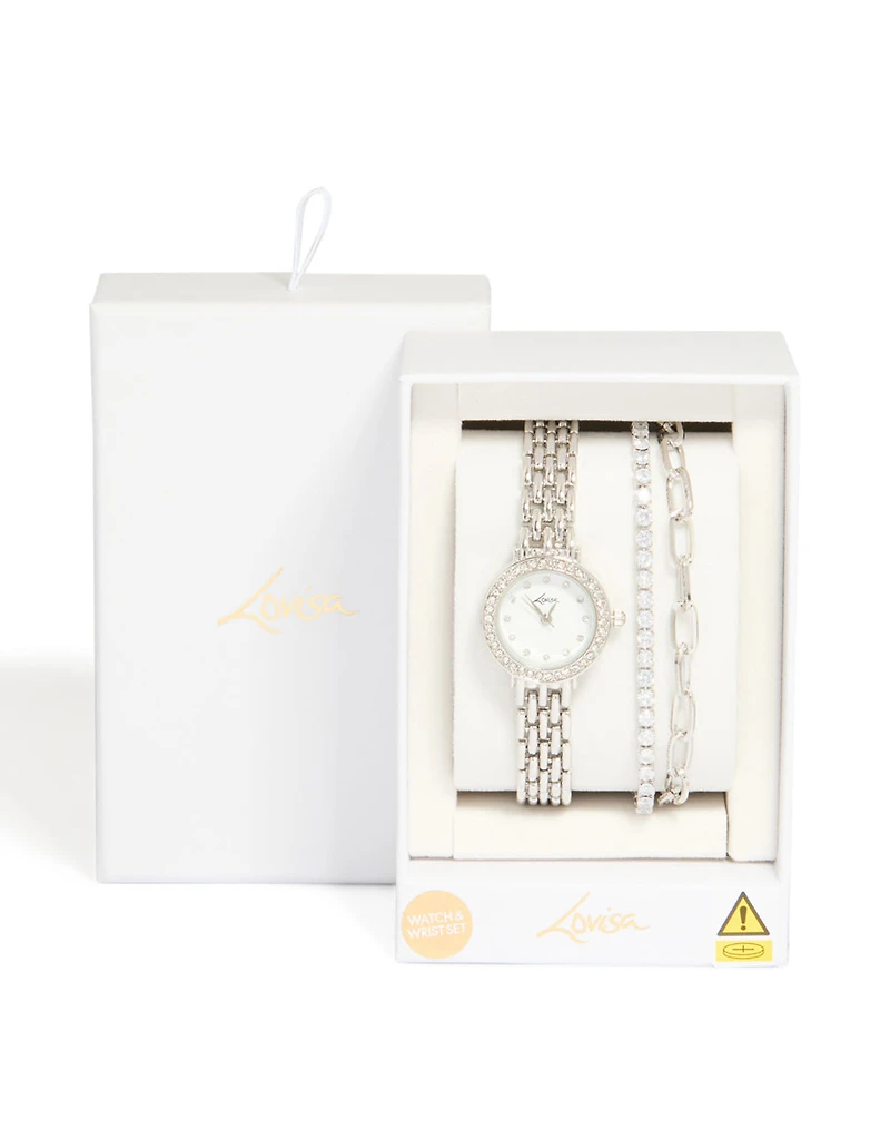 Silver Watch & Diamante Chain Bracelets Set