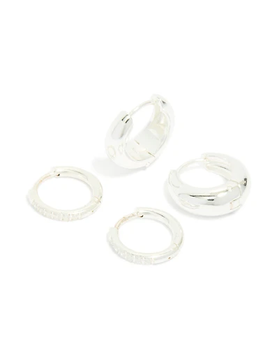 Waterproof Stainless Steel Cubic Zirconia & Chubby Huggie Earrings 2-Pack