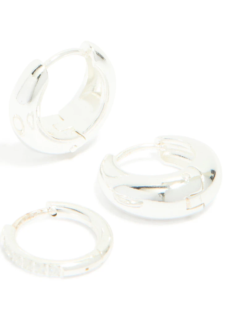 Waterproof Stainless Steel Cubic Zirconia & Chubby Huggie Earrings 2-Pack