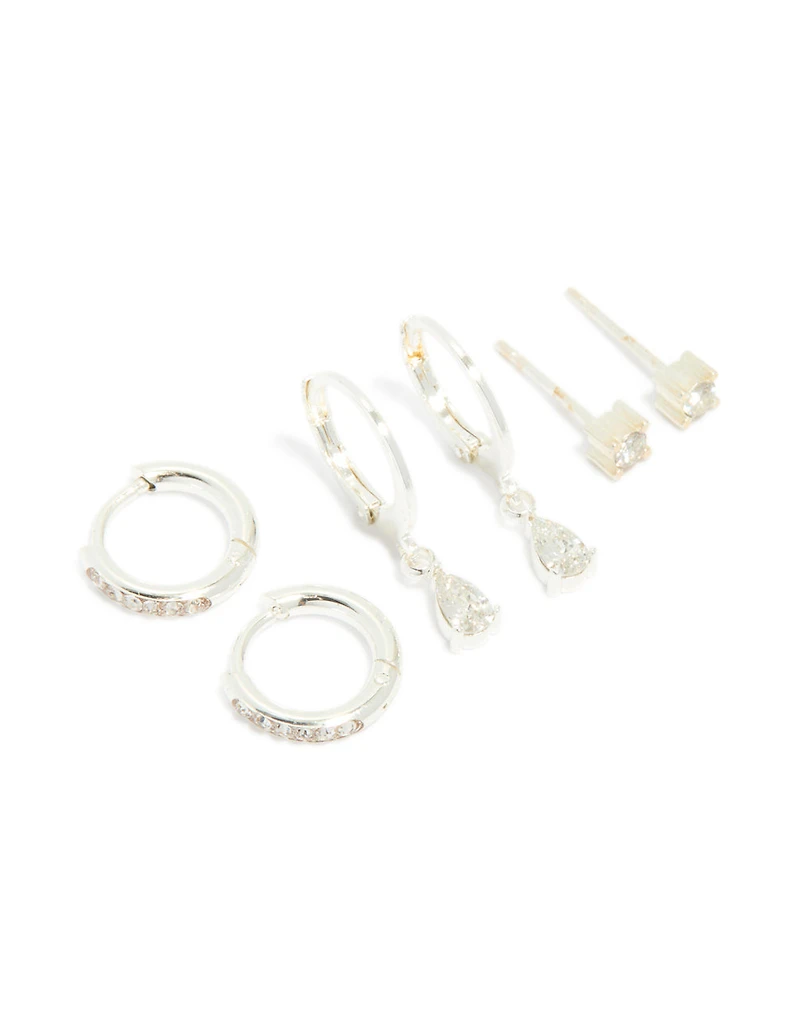 Waterproof Stainless Steel Cubic Zirconia Simple Stud & Huggie Earrings 3-Pack