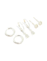 Waterproof Stainless Steel Cubic Zirconia Simple Stud & Huggie Earrings 3-Pack