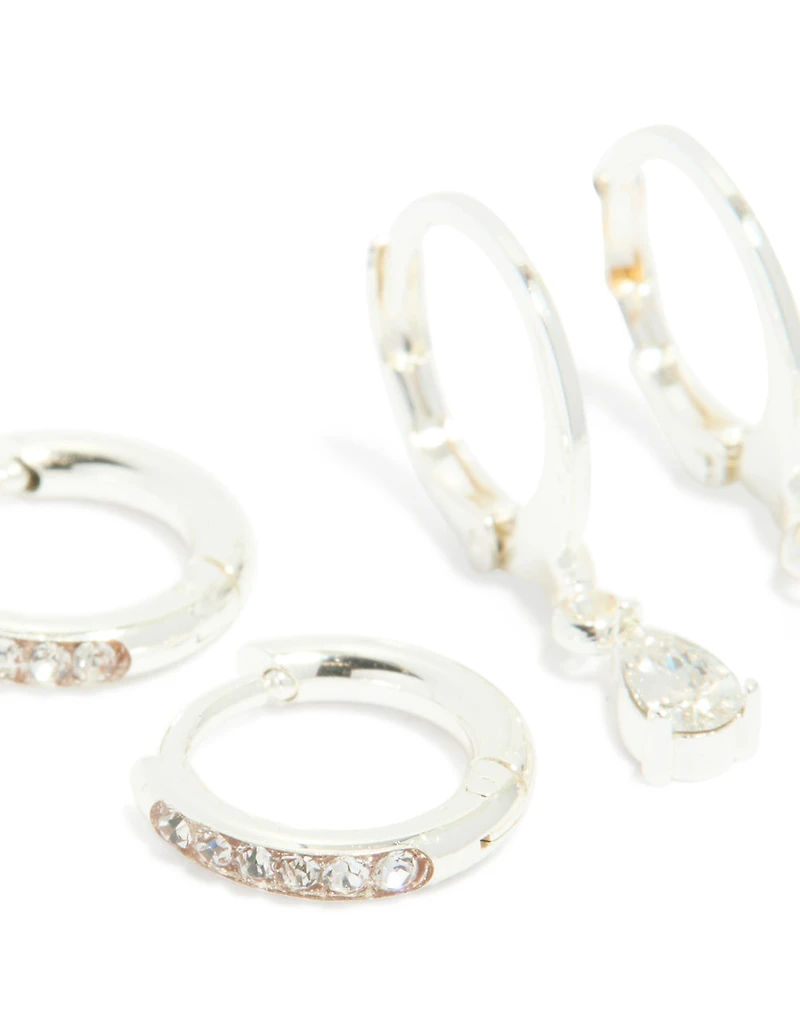 Waterproof Stainless Steel Cubic Zirconia Simple Stud & Huggie Earrings 3-Pack