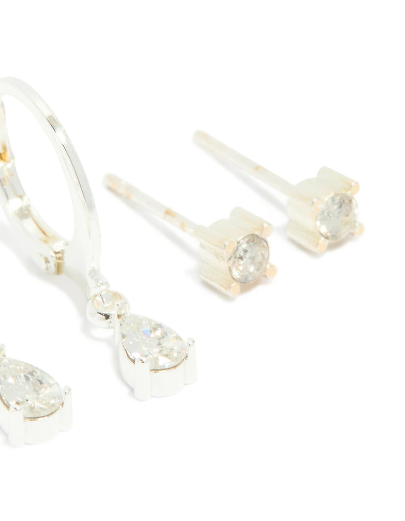 Waterproof Stainless Steel Cubic Zirconia Simple Stud & Huggie Earrings 3-Pack