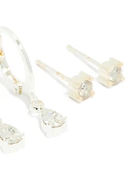 Waterproof Stainless Steel Cubic Zirconia Simple Stud & Huggie Earrings 3-Pack