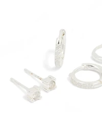 Waterproof Stainless Steel Diamante Stud & Huggie Earrings 3-Pack