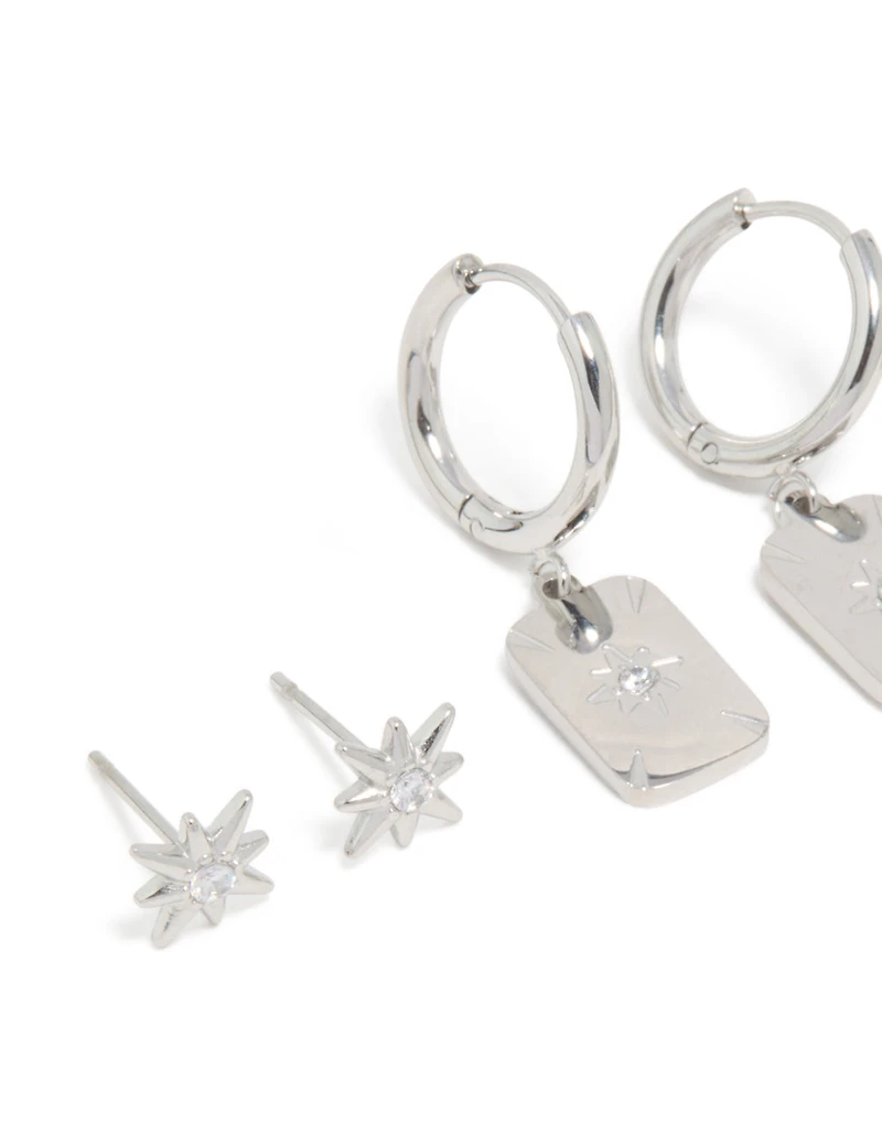 Waterproof Stainless Steel Star & Disc Earrings 3-Pack