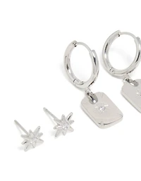 Waterproof Stainless Steel Star & Disc Earrings 3-Pack