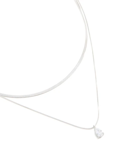 Waterproof Stainless Steel Cubic Zirconia & Chain Pendant Layered Necklace