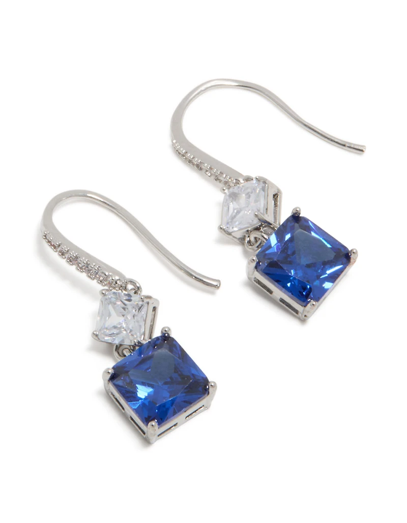 Silver Sapphire Cubic Zirconia Dainty Square Drop Earrings