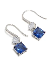 Silver Sapphire Cubic Zirconia Dainty Square Drop Earrings