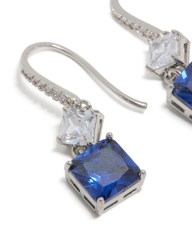 Silver Sapphire Cubic Zirconia Dainty Square Drop Earrings