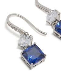 Silver Sapphire Cubic Zirconia Dainty Square Drop Earrings